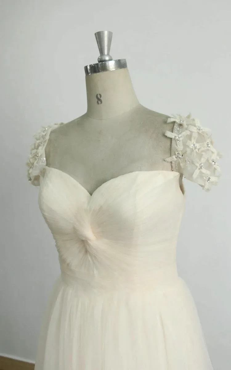 A-Line Cap Sleeve Sweetheart Tulle Sweep Train Long Wedding Dress sold by KissProm product image thumbnail 2