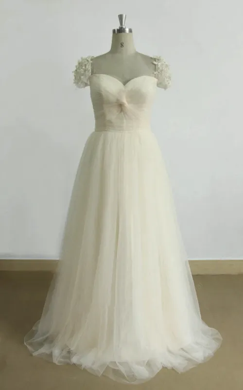 A-Line Cap Sleeve Sweetheart Tulle Sweep Train Long Wedding Dress sold by KissProm