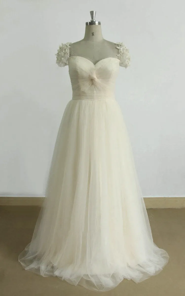 A-Line Cap Sleeve Sweetheart Tulle Sweep Train Long Wedding Dress sold by KissProm