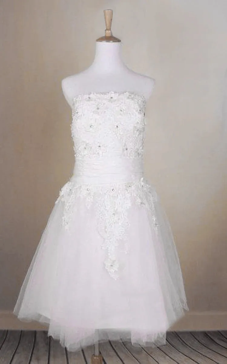 Beaded Short Tulle Wedding Dress With Lace Bodice and Straight Neckline sold by KissProm
