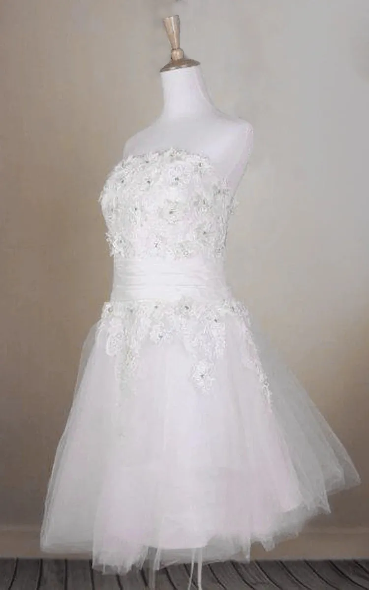 Beaded Short Tulle Wedding Dress With Lace Bodice and Straight Neckline sold by KissProm product image thumbnail 3
