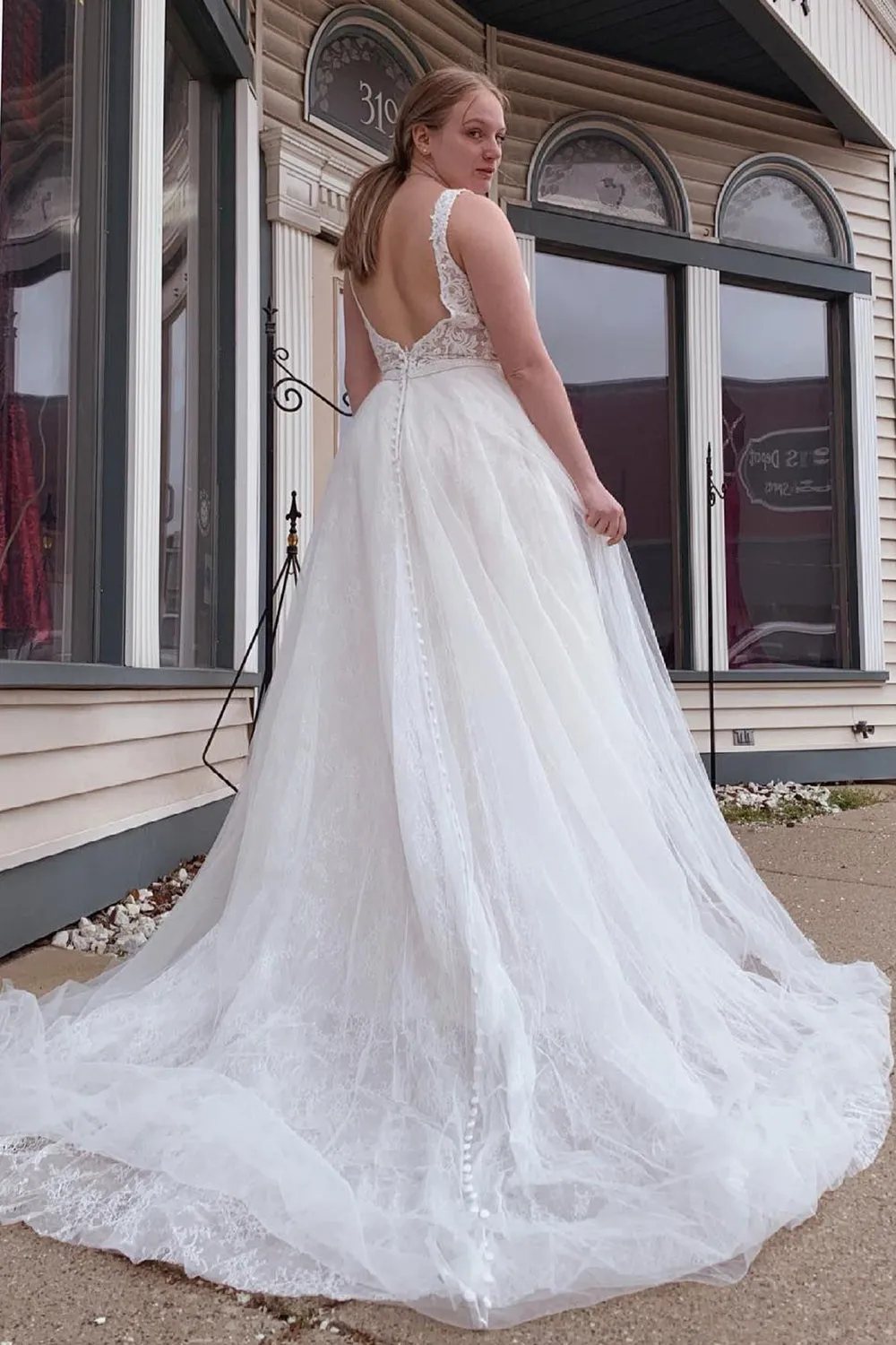 Louisa | A-Line Tulle White Long Wedding Dress with Beading sold by KissProm product image thumbnail 2
