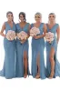 Grey Blue Sheath Chiffon Ruched Long Bridesmaid Dress with Slit sold by KissProm