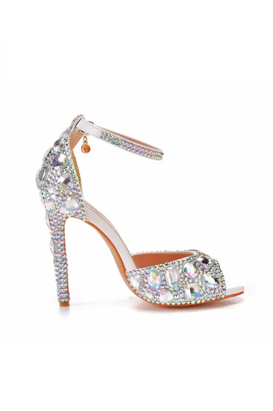 Peep Toe Big colored rhinestones Ankle Strap Stiletto Heels sold by KissProm