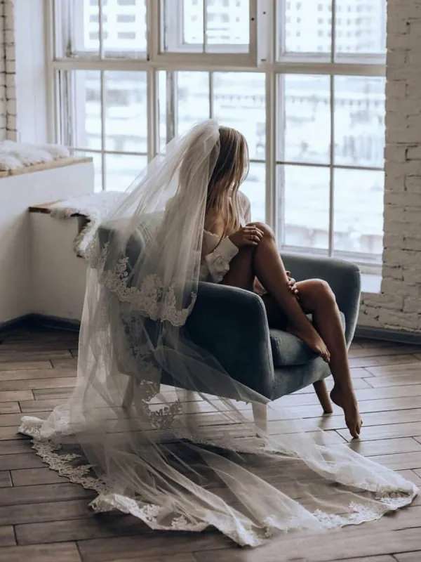 Two Tiers Ivory Lace Cathedral Veils sold by KissProm