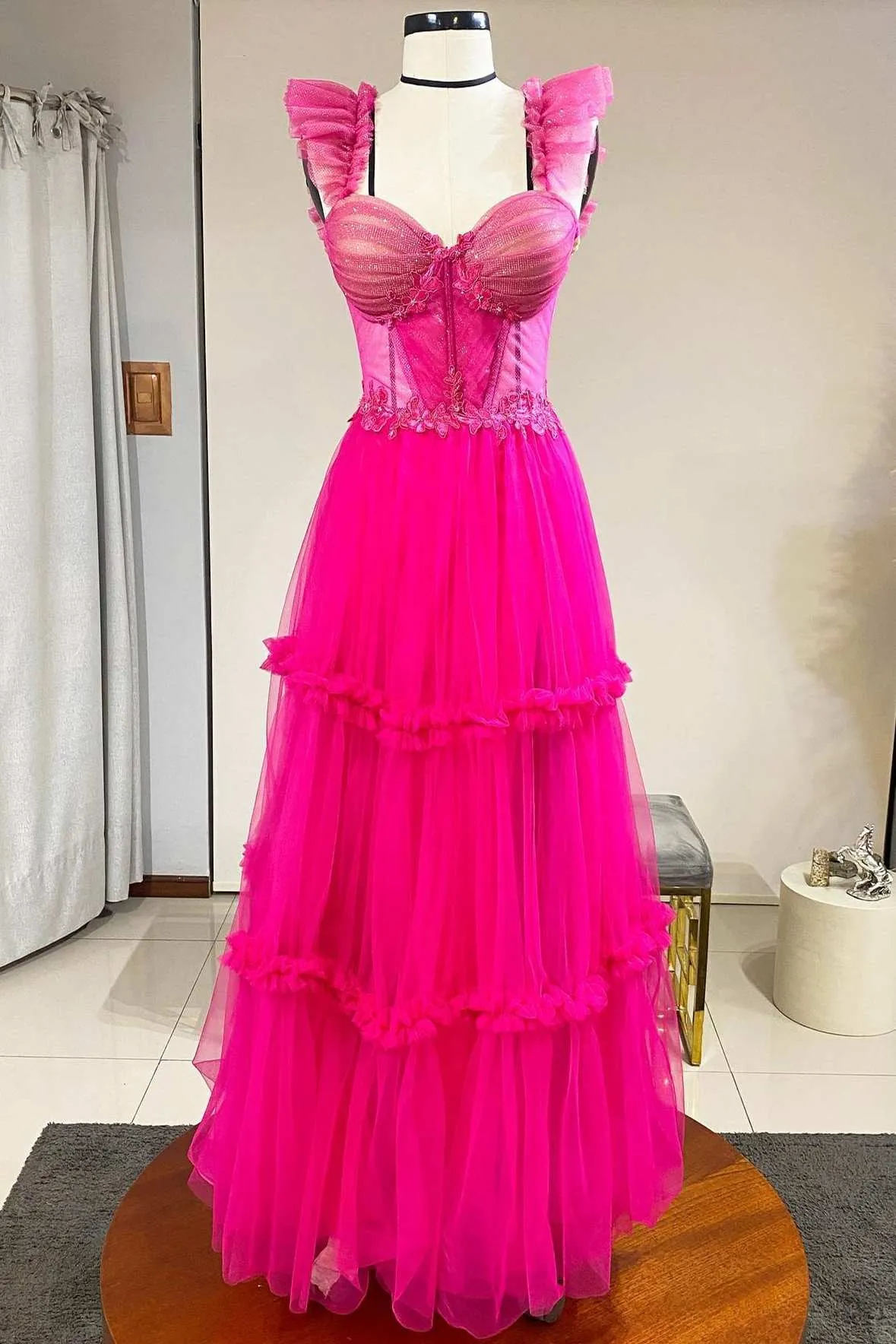 Magenta Tulle Ruffles Bustier A-Line Prom Dress sold by KissProm