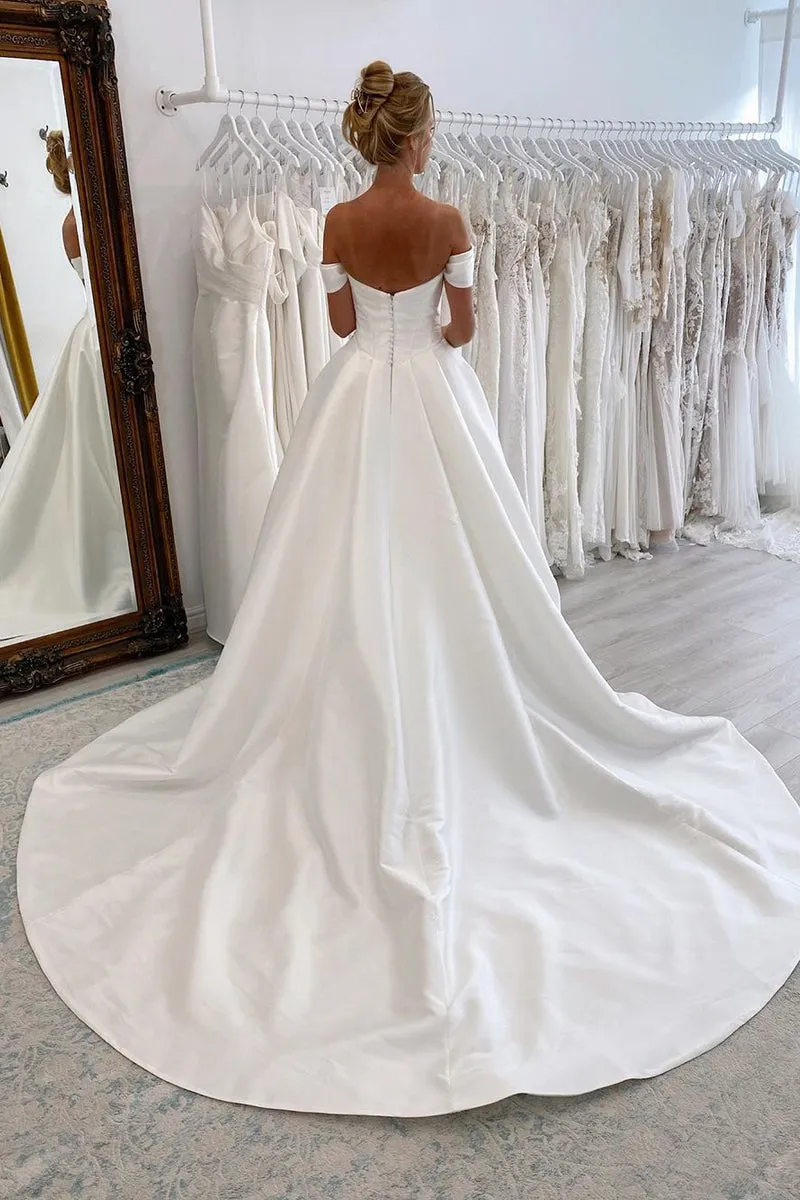 Elly | Elegant A-Line Off the Shoulder White Satin Wedding Dresses sold by KissProm product image thumbnail 2