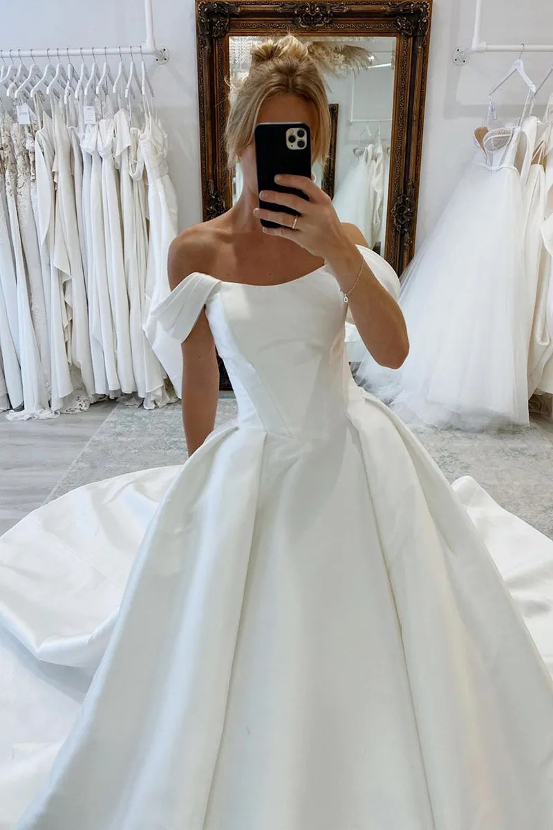 Elly | Elegant A-Line Off the Shoulder White Satin Wedding Dresses sold by KissProm product image thumbnail 3