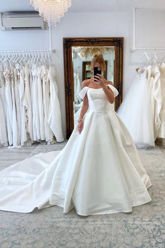 Elly | Elegant A-Line Off the Shoulder White Satin Wedding Dresses sold by KissProm