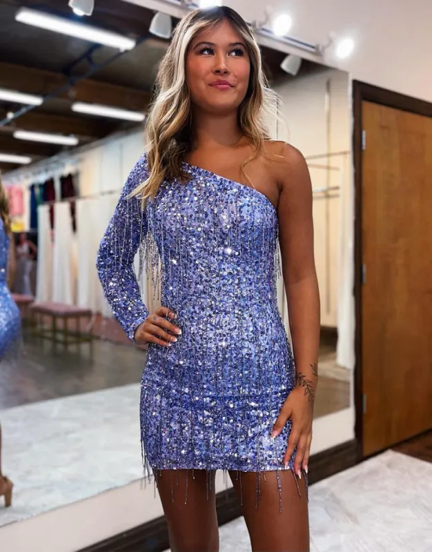 Violet |One Shoulder Sequins Homecoming Dress with Sleeve sold by KissProm