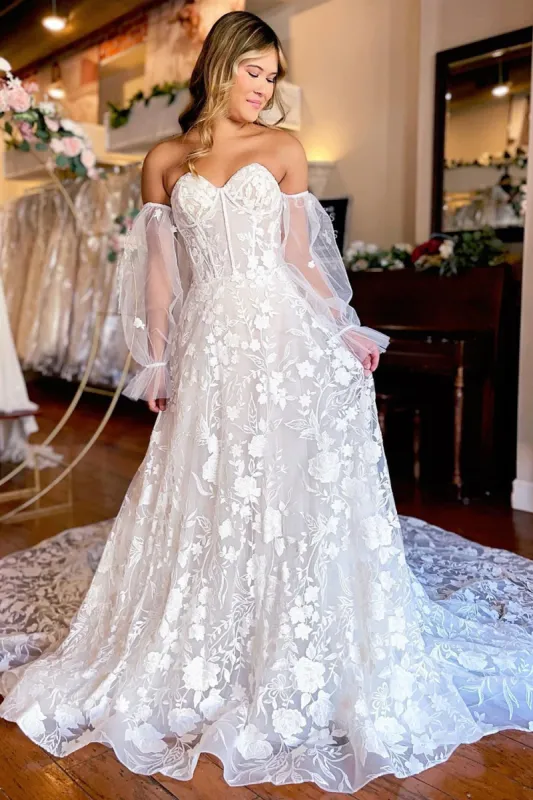 Arlet | A-Line Ivory Sweetheart Corset Detachable Long Sleeves Long Lace Wedding Dress sold by KissProm