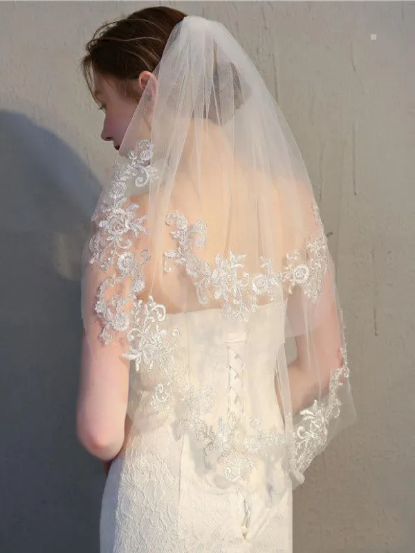 Two Tier Ivory Lace Short Bridal Veils Mid Length Wedding Veil sold by KissProm