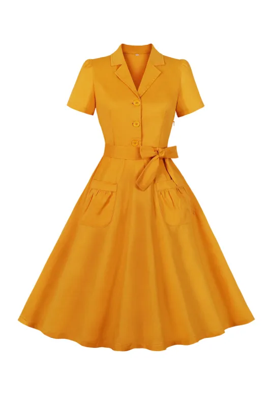 Yellow Swing V Neck Vintage Dress With Short Sleeves sold by KissProm