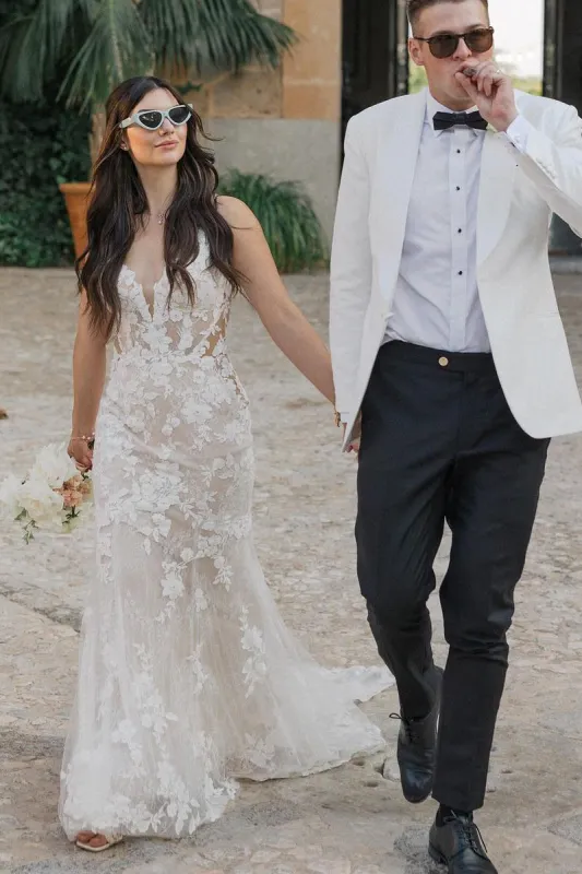 Mermaid V Neck Tulle Lace Sleeveless Ivory Wedding Dresses sold by KissProm