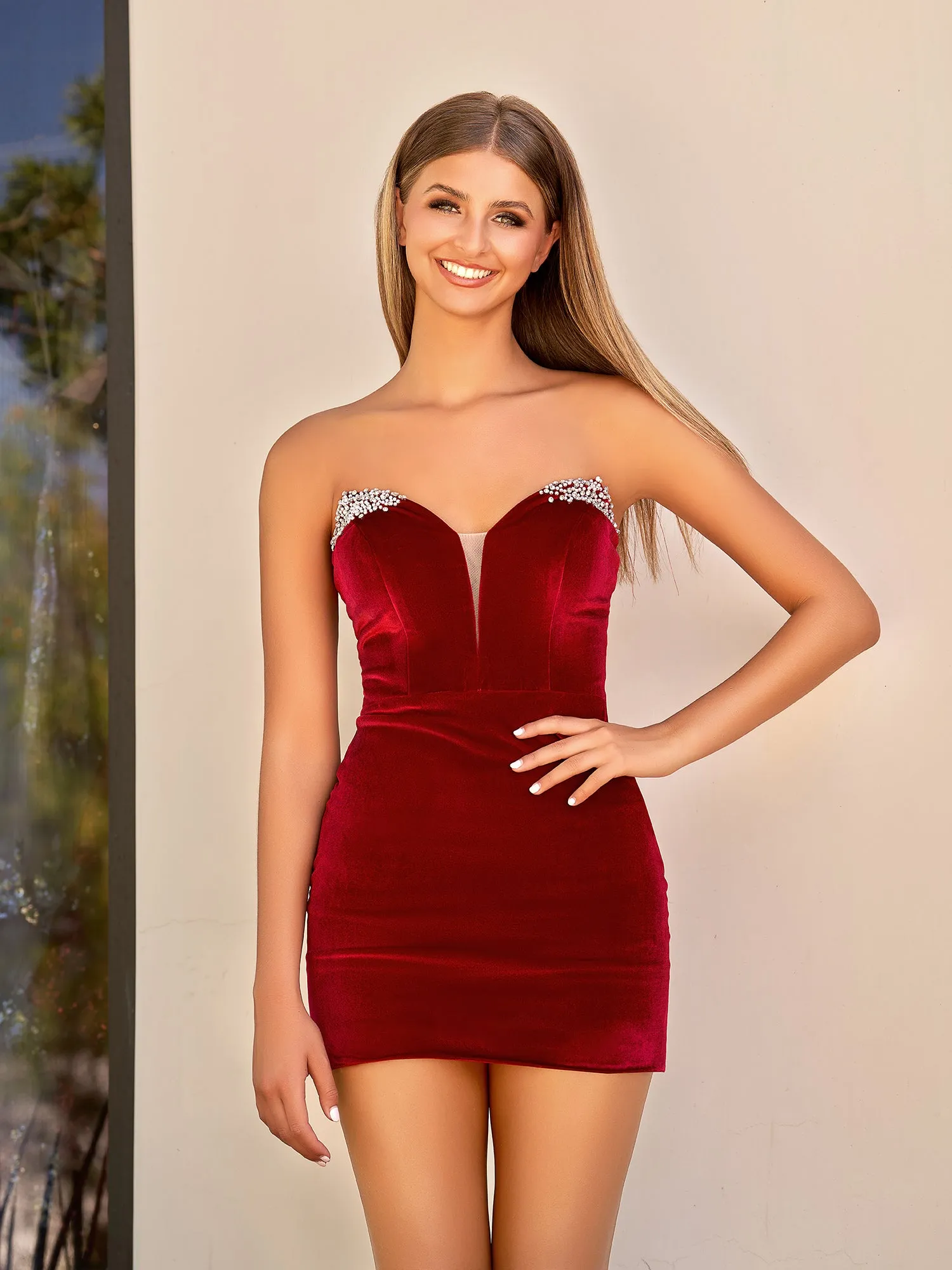 Callie | Burgundy Sheath V-Neck Short Homecoming Dress sold by KissProm