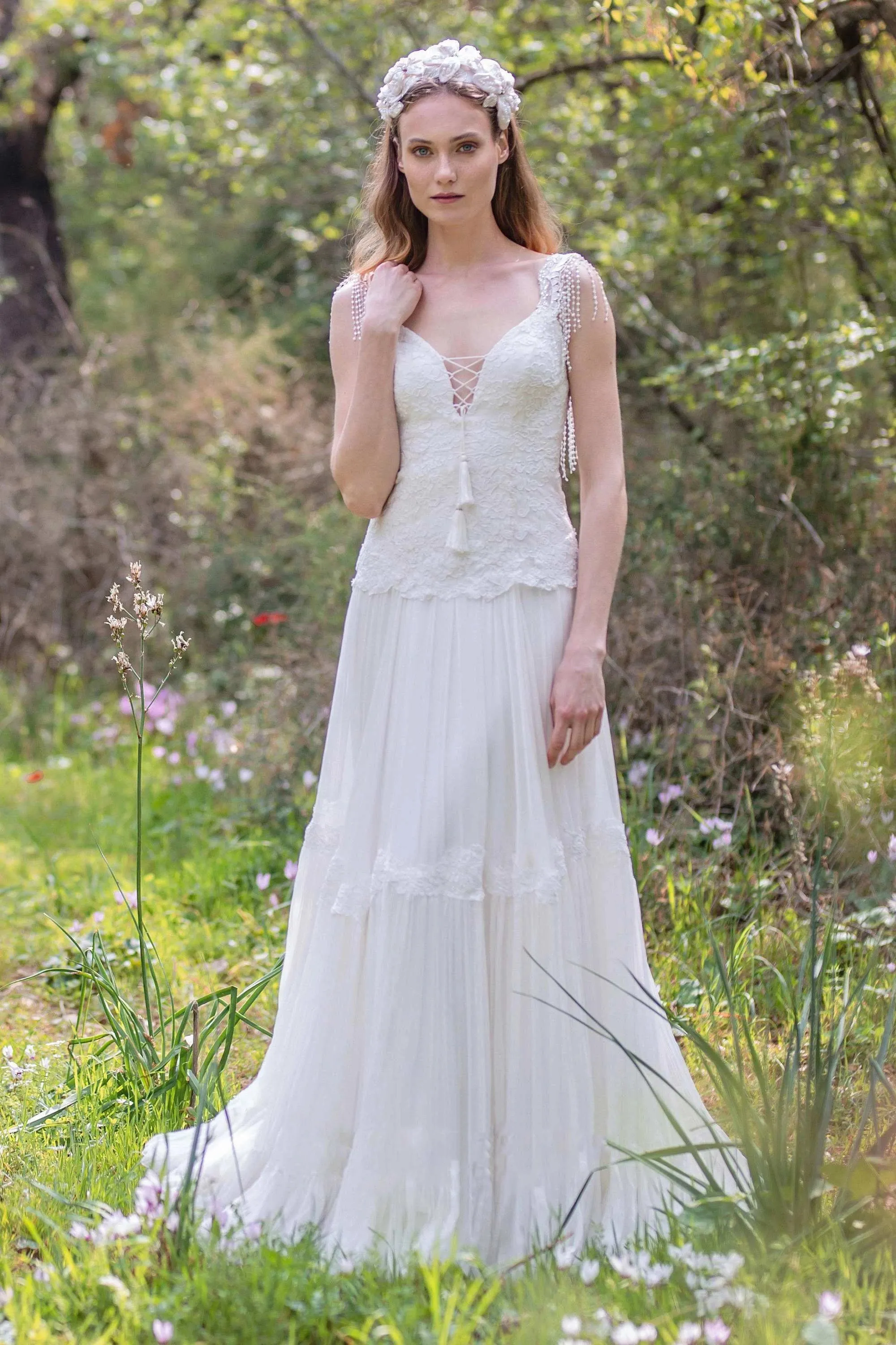 Plunged A-Line Pleated Wedding Dress With Appliques And Beading sold by KissProm