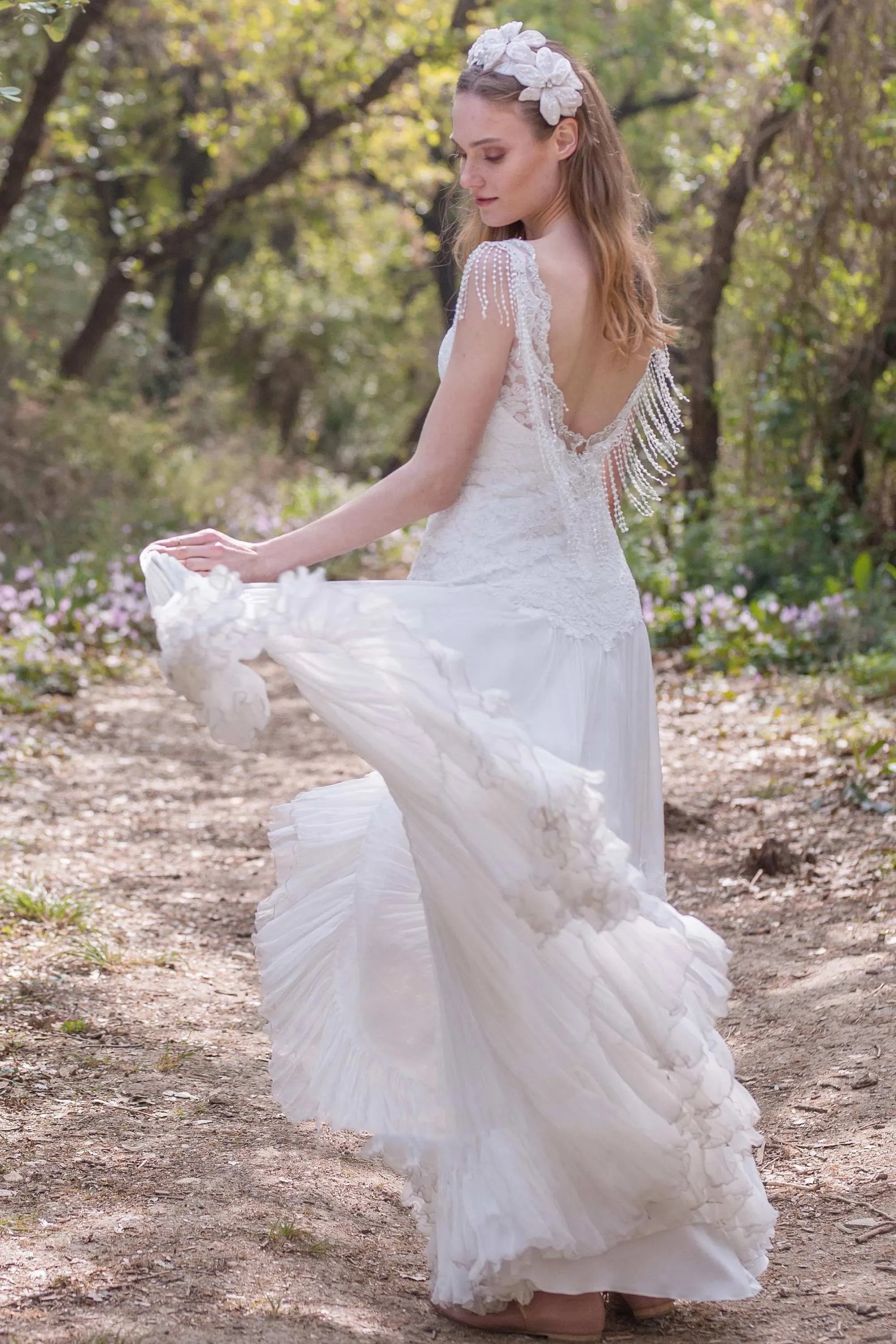Plunged A-Line Pleated Wedding Dress With Appliques And Beading sold by KissProm product image thumbnail 4