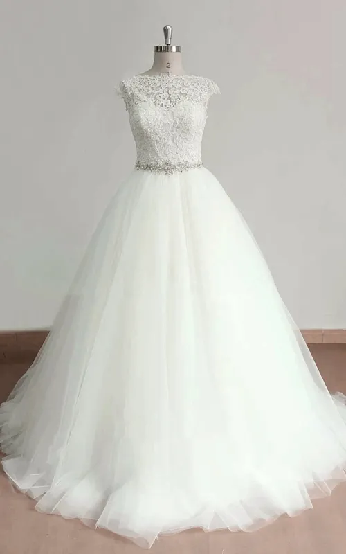 Cap Sleeve Tulle Lace Dress With Beading Sash Ribbon Keyhole Back sold by KissProm
