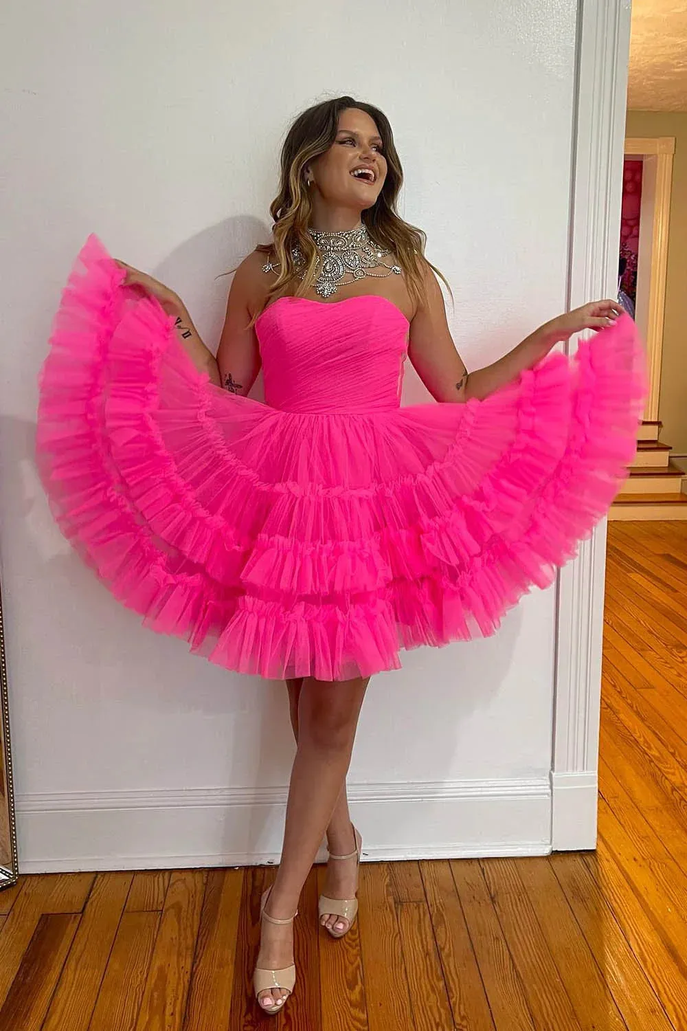Sondra | Fuchsia A-Line Sweetheart Tulle Tiered Corset Short Homecoming Dress sold by KissProm product image thumbnail 5