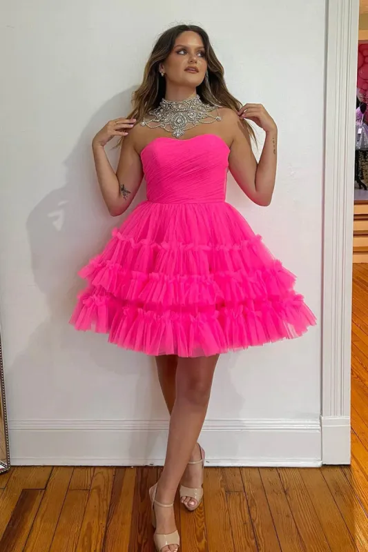 Sondra | Fuchsia A-Line Sweetheart Tulle Tiered Corset Short Homecoming Dress sold by KissProm