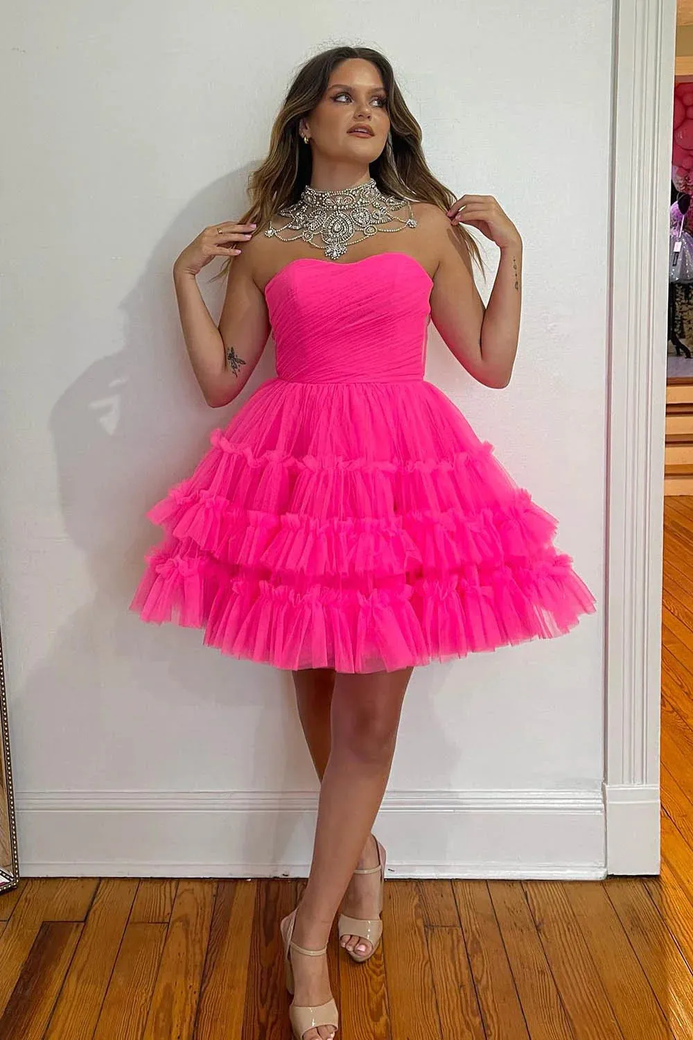Sondra | Fuchsia A-Line Sweetheart Tulle Tiered Corset Short Homecoming Dress sold by KissProm