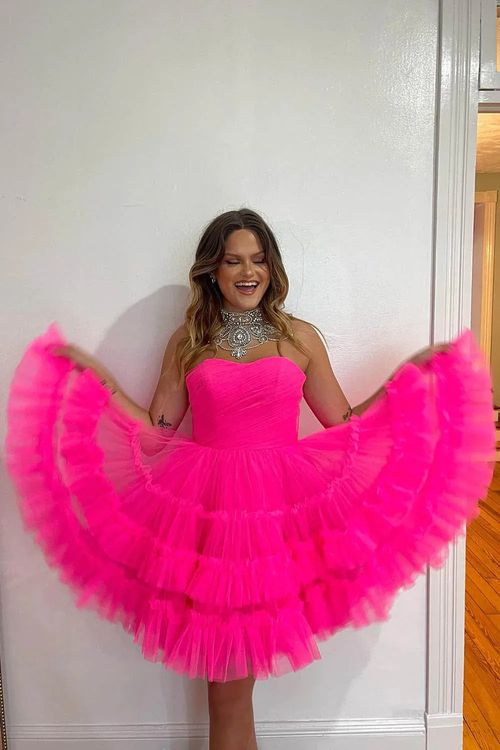 Sondra | Fuchsia A-Line Sweetheart Tulle Tiered Corset Short Homecoming Dress sold by KissProm product image thumbnail 3