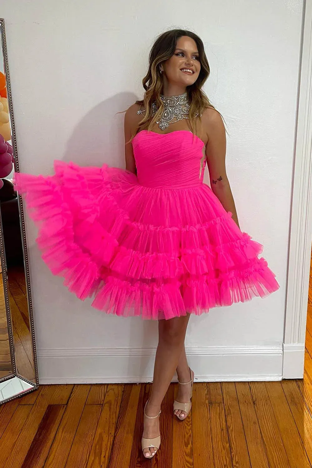 Sondra | Fuchsia A-Line Sweetheart Tulle Tiered Corset Short Homecoming Dress sold by KissProm product image thumbnail 4