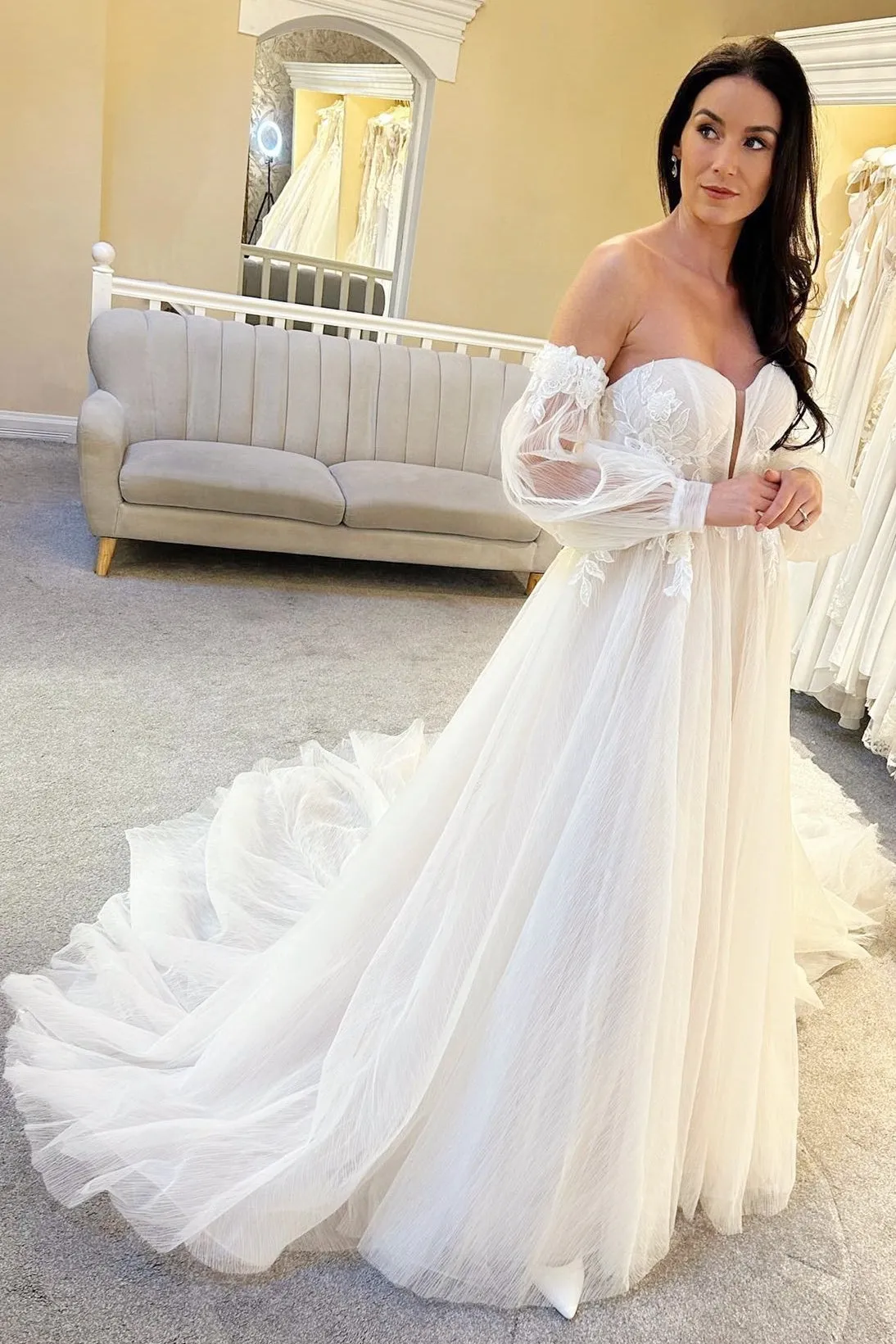 Ivory Tulle A-Line Long Wedding Dress with Train sold by KissProm