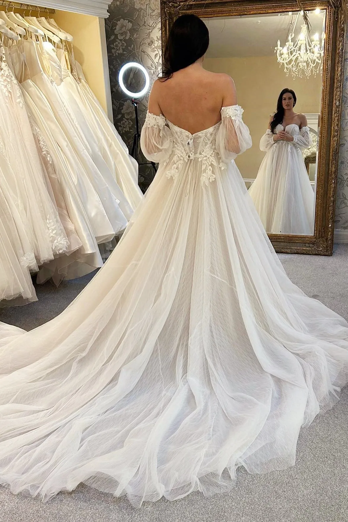 Ivory Tulle A-Line Long Wedding Dress with Train sold by KissProm product image thumbnail 2