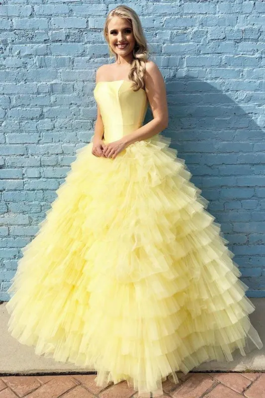 Quinceanera Dress Elegant Strapless Floor Length Yellow Prom Dresses Ball Gown sold by KissProm