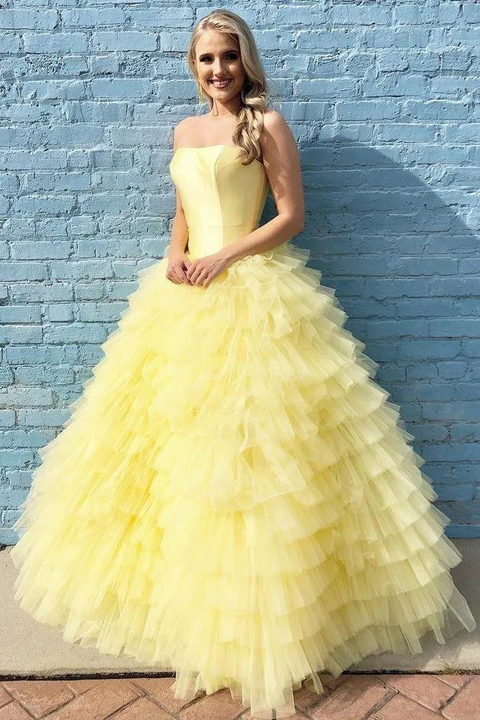 Quinceanera Dress Elegant Strapless Floor Length Yellow Prom Dresses Ball Gown sold by KissProm