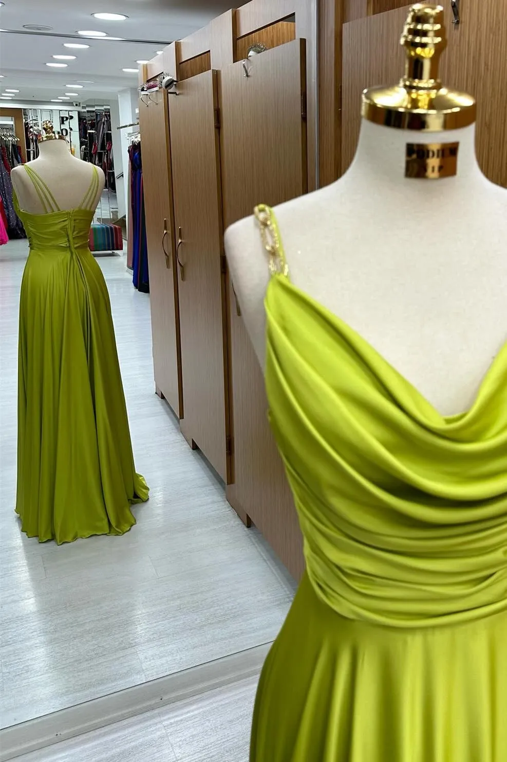 Carter | Olive Green Cowl Neck Chain Strap A-Line Long Prom Dress sold by KissProm product image thumbnail 3