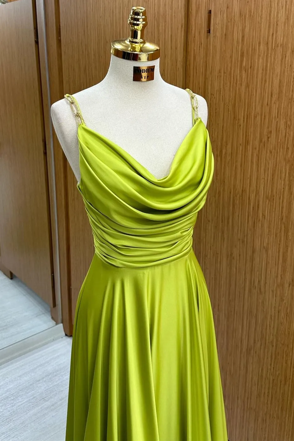 Carter | Olive Green Cowl Neck Chain Strap A-Line Long Prom Dress sold by KissProm product image thumbnail 2