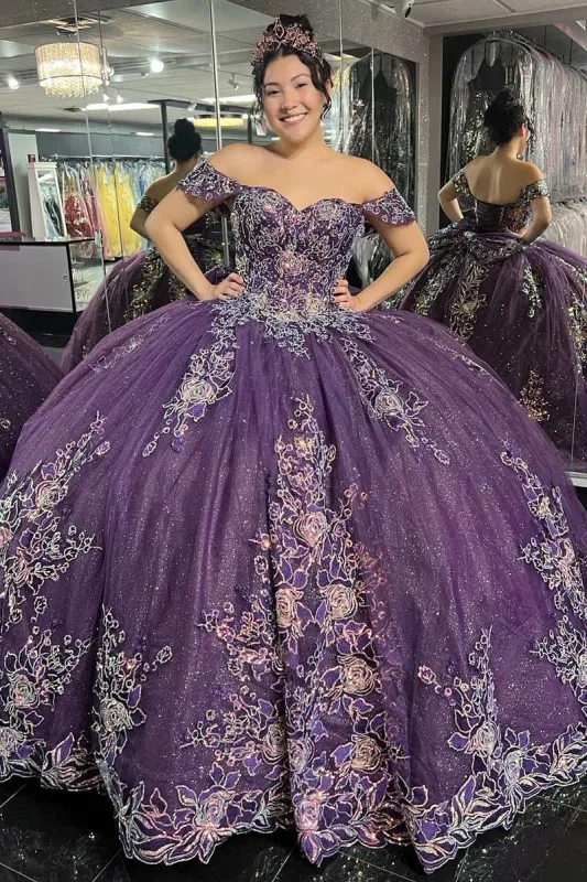 Quinceanera Dress Glamorous Purple Floral Lace Off-the-Shoulder sold by KissProm