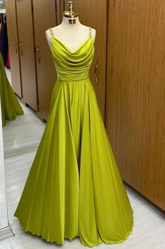 Carter | Olive Green Cowl Neck Chain Strap A-Line Long Prom Dress sold by KissProm
