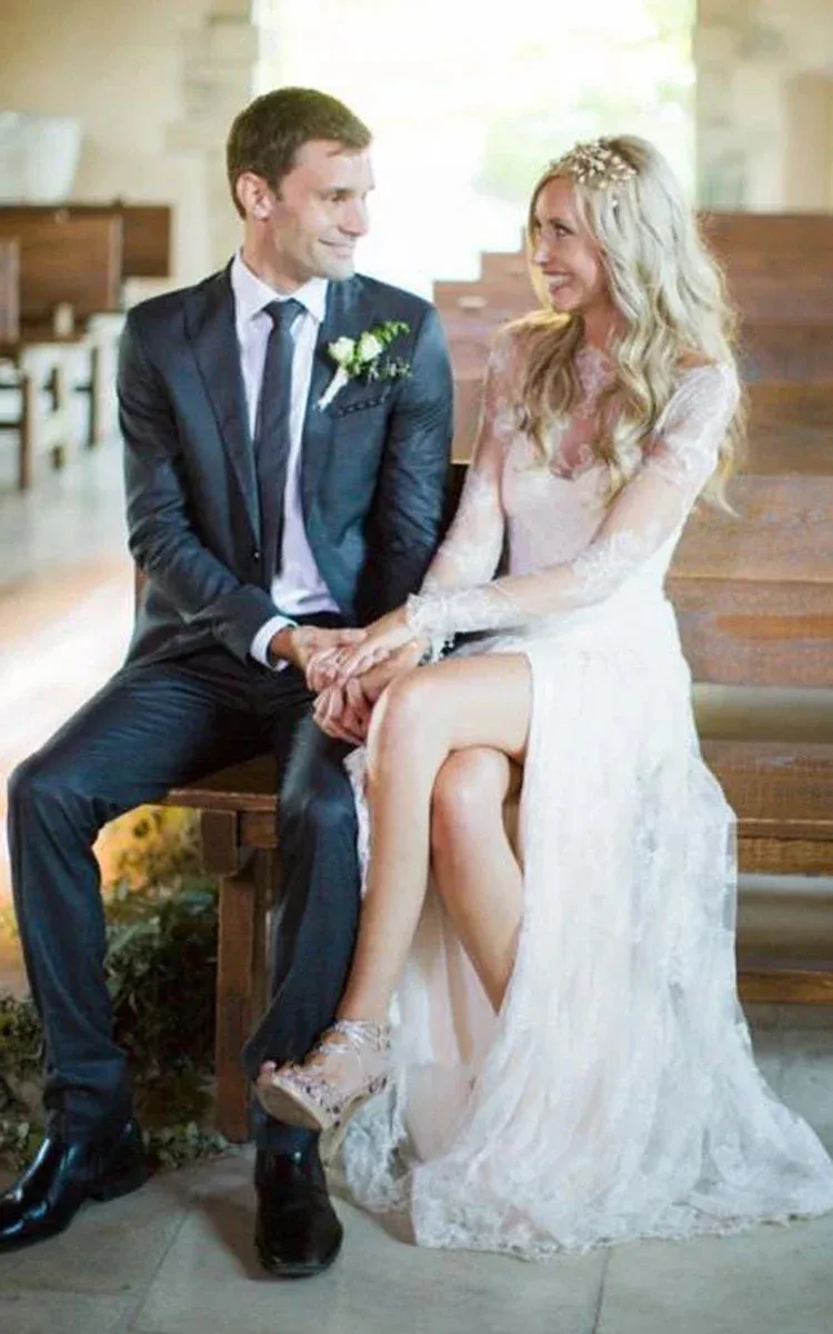 Sheath Short Long Sleeve Bell Illusion Bat Appliques Split Front Split Illusion Sweep Train Zipper Illusion Lace Dress sold by KissProm product image thumbnail 3