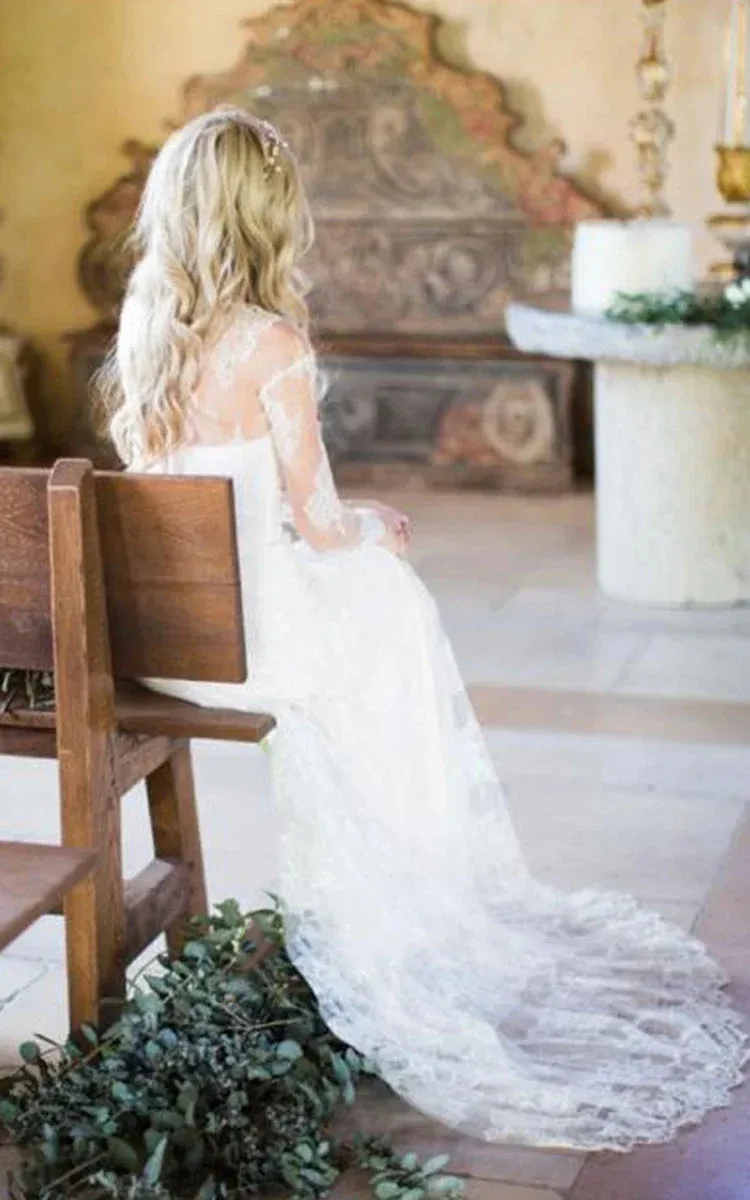 Sheath Short Long Sleeve Bell Illusion Bat Appliques Split Front Split Illusion Sweep Train Zipper Illusion Lace Dress sold by KissProm product image thumbnail 4