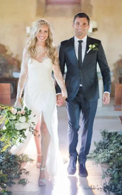 Sheath Short Long Sleeve Bell Illusion Bat Appliques Split Front Split Illusion Sweep Train Zipper Illusion Lace Dress sold by KissProm