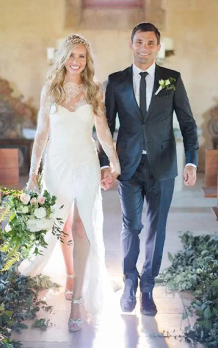 Sheath Short Long Sleeve Bell Illusion Bat Appliques Split Front Split Illusion Sweep Train Zipper Illusion Lace Dress sold by KissProm