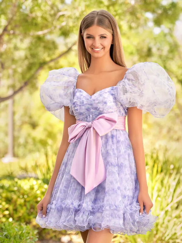 A-Line Sweetheart Lavender Short Homecoming Dress With Puff Sleeves made by KissProm
