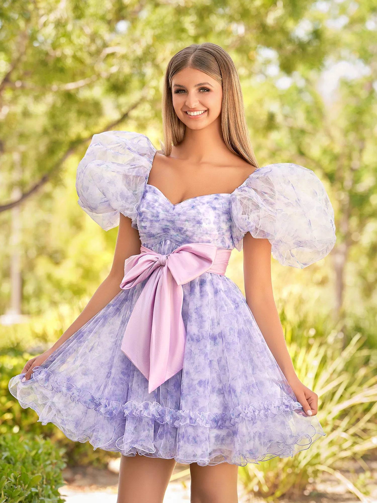 A-Line Sweetheart Lavender Short Homecoming Dress With Puff Sleeves sold by KissProm product image thumbnail 3