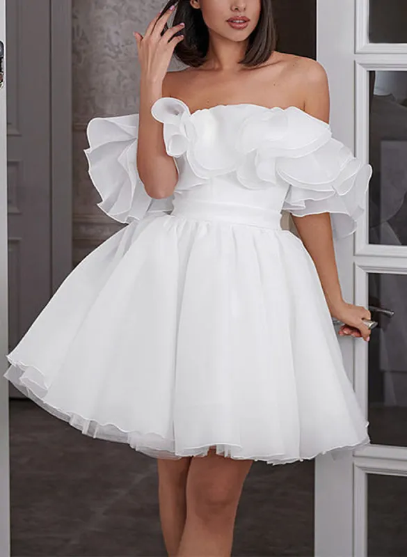 Zephyr | A-Line Off-The-Shoulder Sleeveless Short Mini Organza Wedding Dresses sold by KissProm