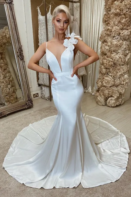 White Satin Backless Mermaid Wedding Dress with Flowers sold by KissProm
