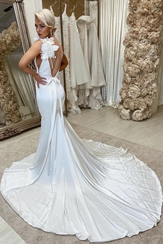 White Satin Backless Mermaid Wedding Dress with Flowers sold by KissProm product image thumbnail 2