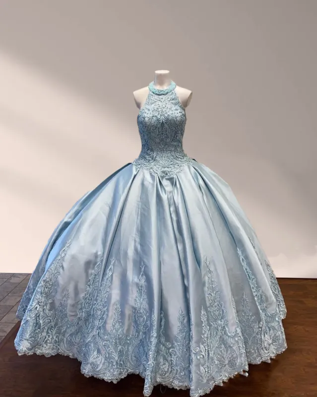 Halter Beaded Sky Blue Satin Ball Gown Quinceañera Dress sold by KissProm