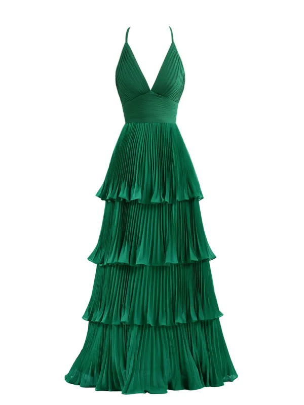 Dark Green A-Line Tiered Floor Length Chiffon Bridesmaid Dress sold by KissProm