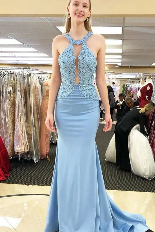Open Back Mermaid Sky Blue Long Prom Dress sold by KissProm