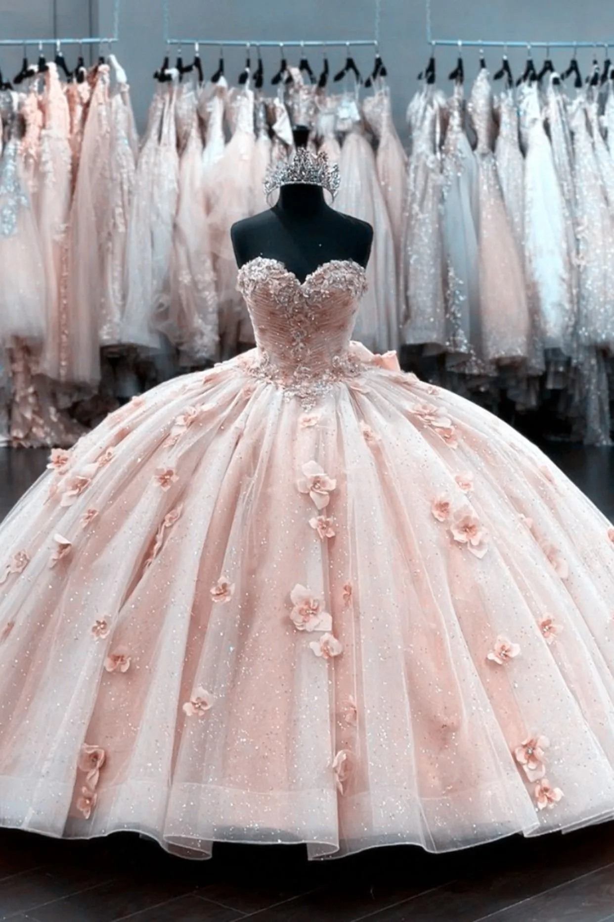 Claudia | Ball Gown Organza Sweetheart Pink Quinceanera Dress sold by KissProm