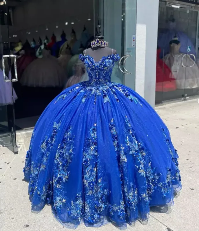 Royal Blue Ball-Gown Off-the-Shoulder Quinceanera Dresses with Appliques sold by KissProm
