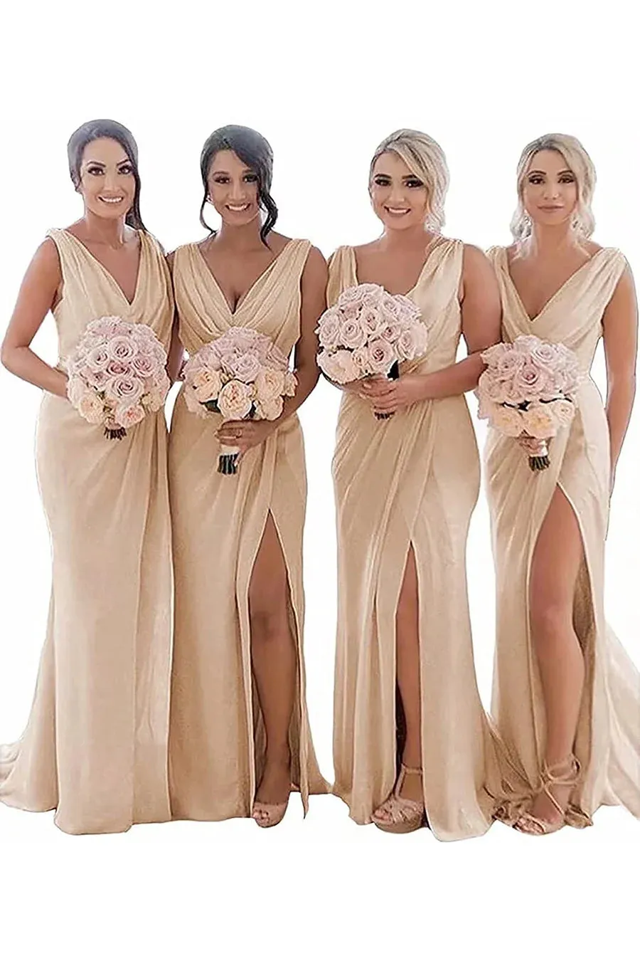Ivory Sheath Chiffon Ruched Long Bridesmaid Dress with Slit sold by KissProm product image thumbnail 4